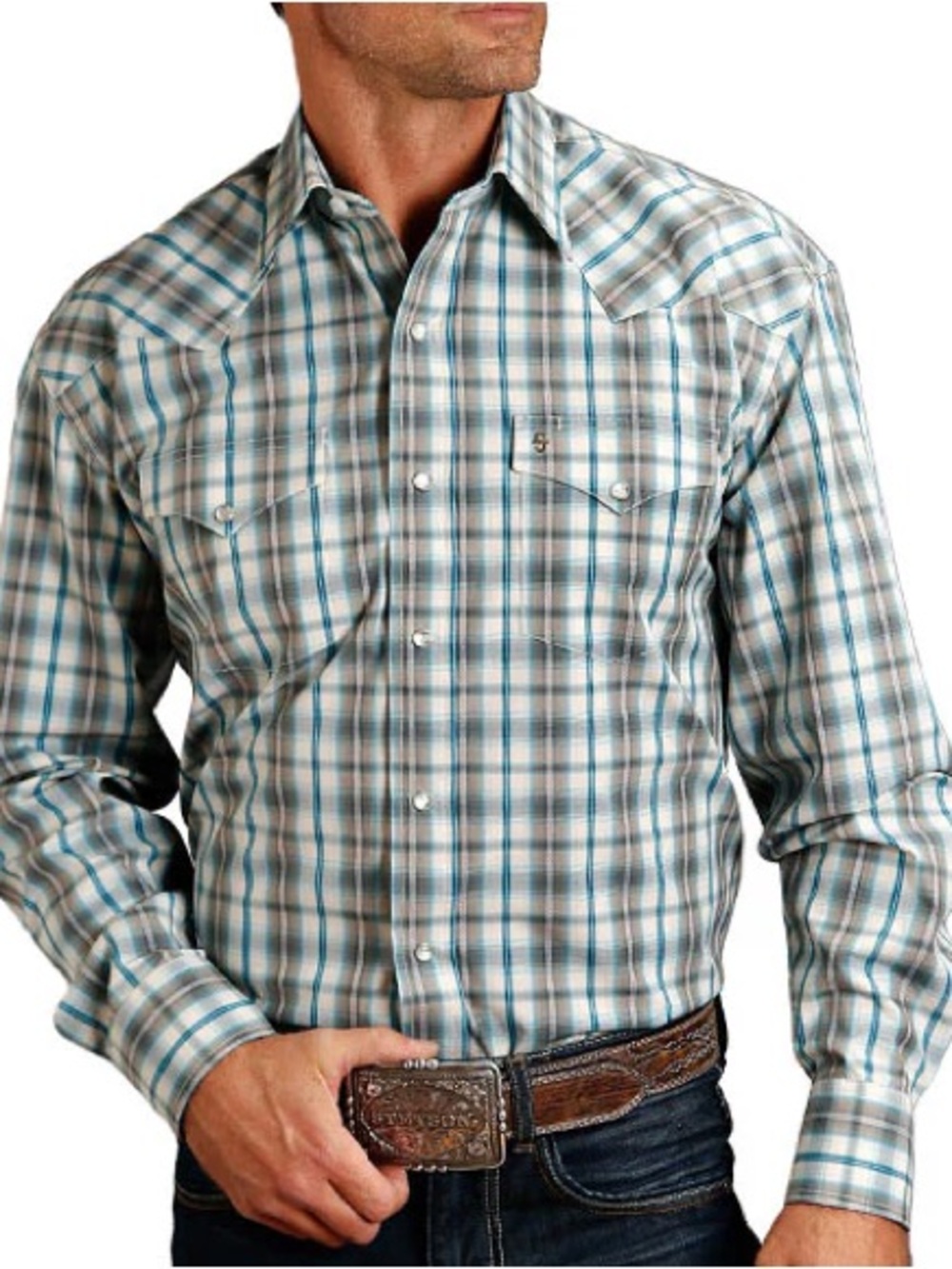 Stetson Snap Front Long Sleeve Shirt Aqua Cream Tan Plaid, Large